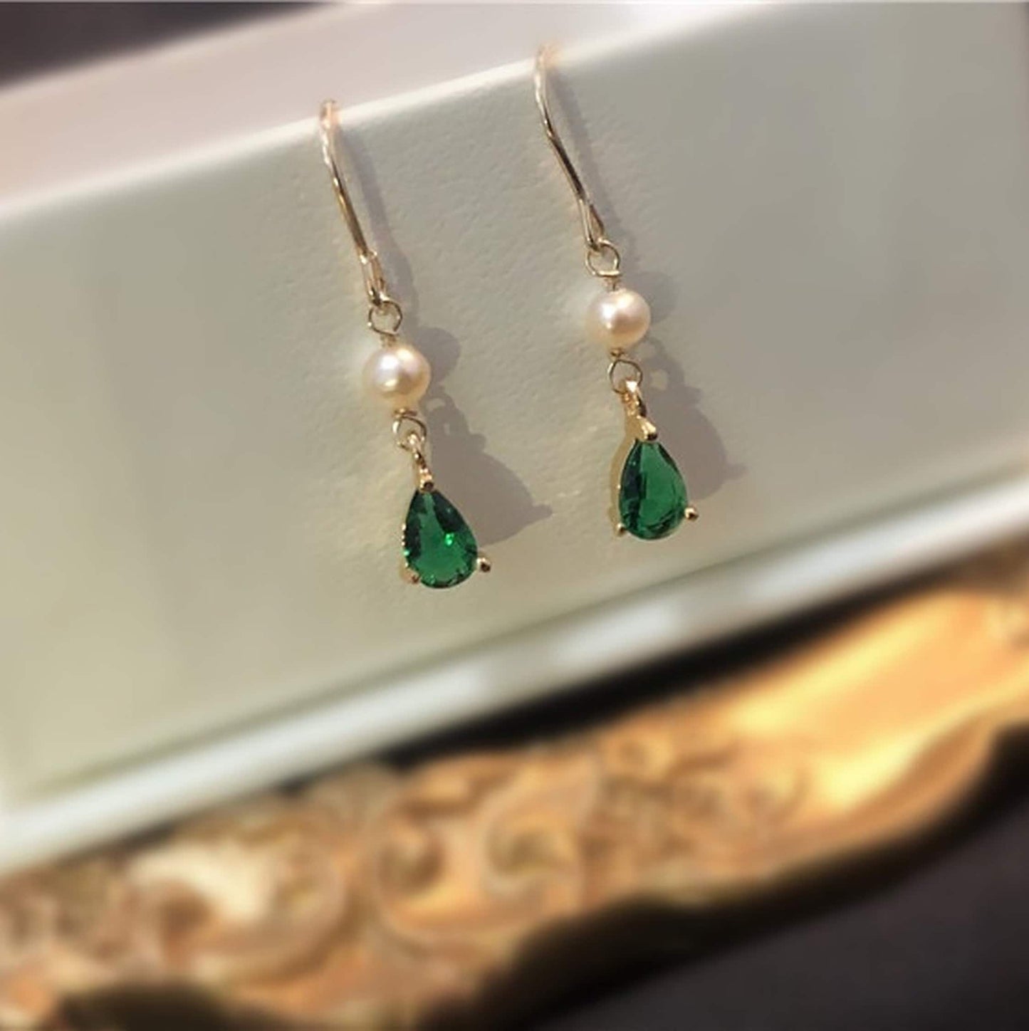 Handmade Teardrop Emerald Pearl Earrings | Elegant Gold Emerald Bridesmaid Wedding Earrings | Elegant Jewelry Gift
