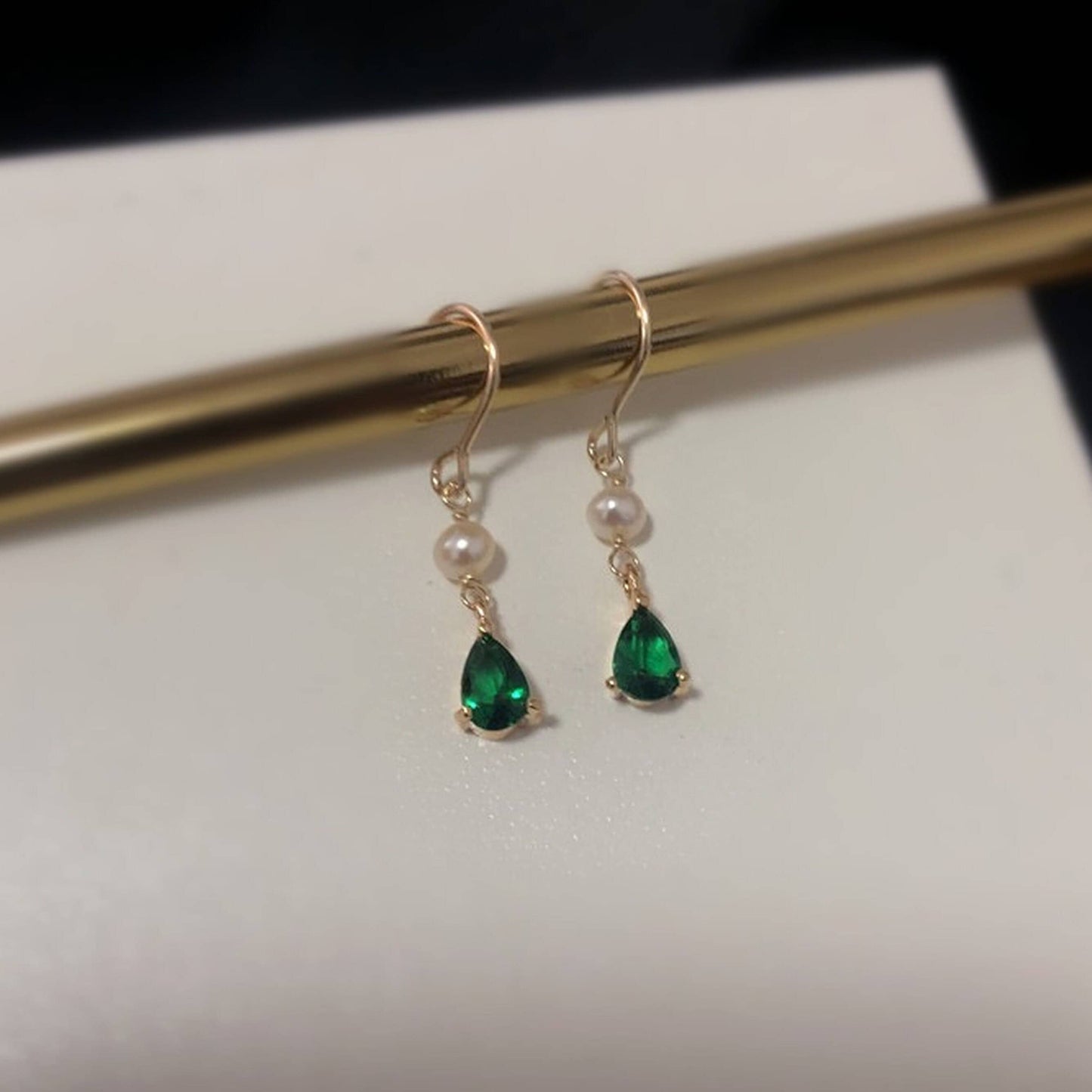 Handmade Teardrop Emerald Pearl Earrings | Elegant Gold Emerald Bridesmaid Wedding Earrings | Elegant Jewelry Gift