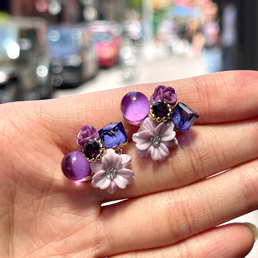 Handmade Violet Purple Floral Wreath Stud Earrings | Healing Crystal Earrings Gift