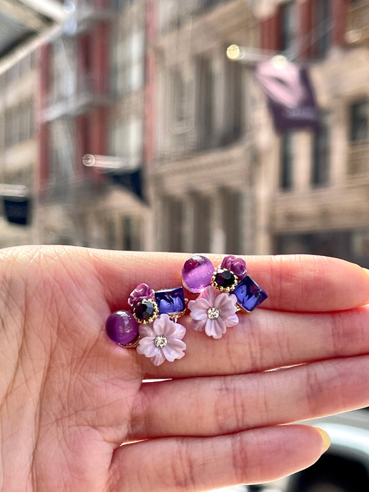 Purple Floral Earrings, Flower Wreath Earrings, Healing Crystal Earrings, Cluster Earrings, Bohemian Jewelry, Violet Earrings, Gifts for Her