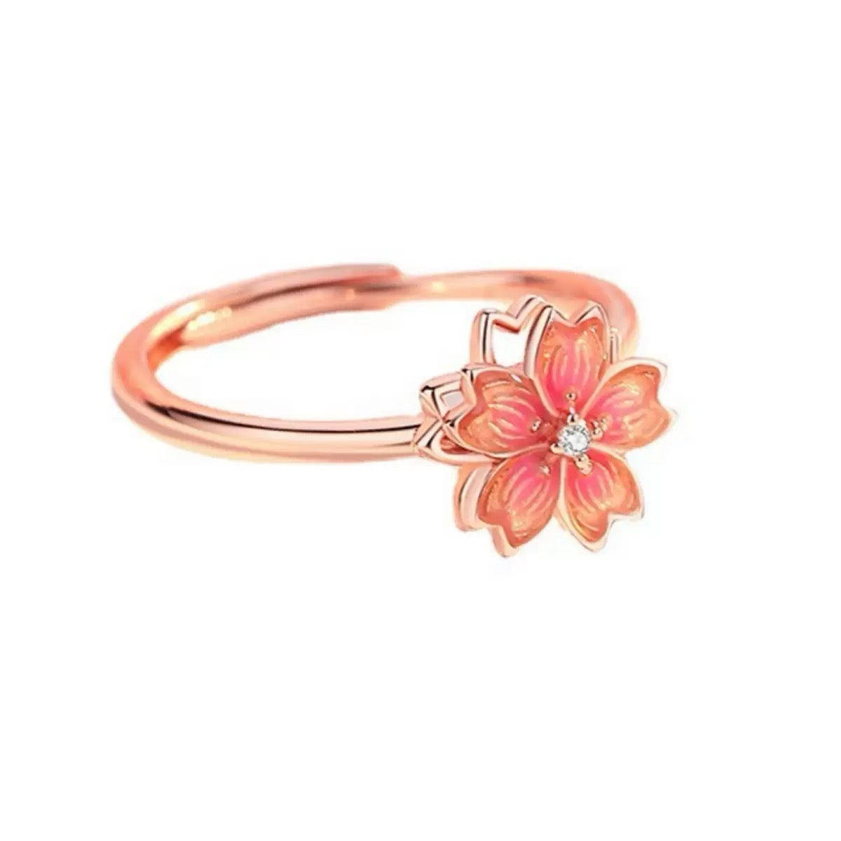 Unique 3D Rotatable Cherry Blossom Rosegold Ring - Pink Japanese Sakura Flower Statement Ring