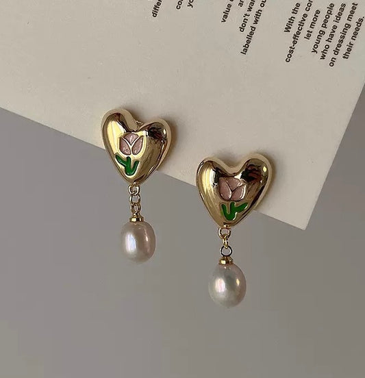 Chunky Romantic Heart Pearl Drop Earrings - Engraved Pink Tulip Vintage Gold Dangle Earrings