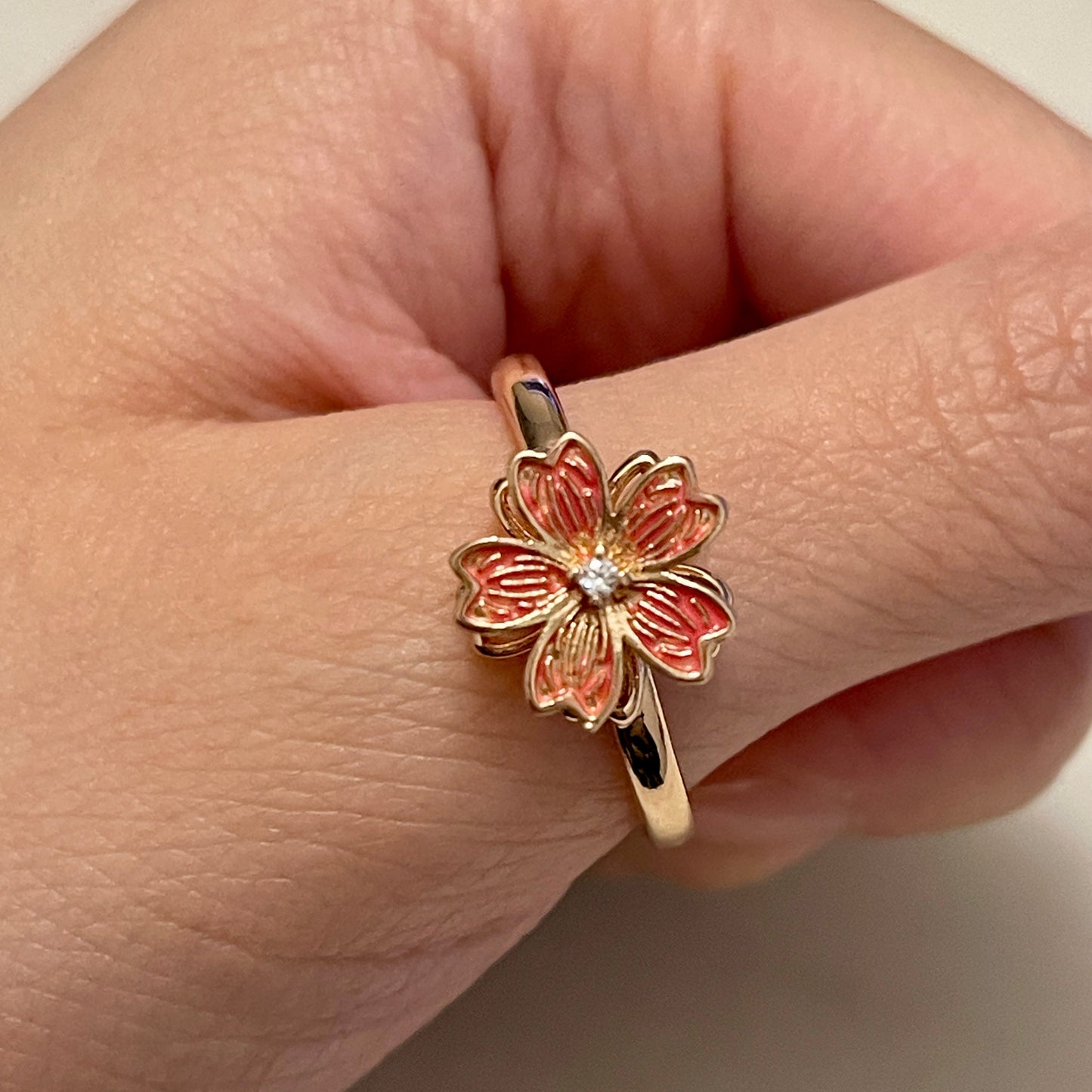 Unique 3D Rotatable Cherry Blossom Rosegold Ring - Pink Japanese Sakura Flower Statement Ring