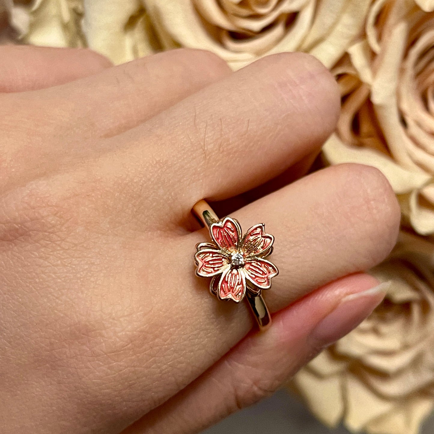 Unique 3D Rotatable Cherry Blossom Rosegold Ring - Pink Japanese Sakura Flower Statement Ring