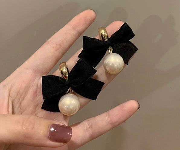 Handmade Black Silk Ribbon Bow Earrings | Romantic Elegant Pearl Drop Earrings Half Gold Hoop Earrings