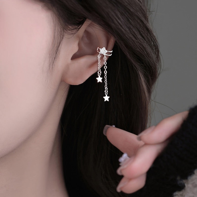 Sparkling Star Tassel Ear Cuff - No Piercing Celestial Silver Ear Wrap