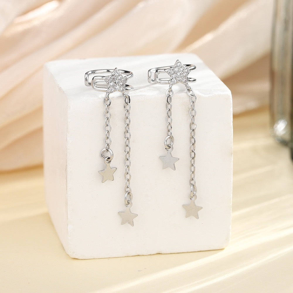 Sparkling Star Tassel Ear Cuff - No Piercing Celestial Silver Ear Wrap