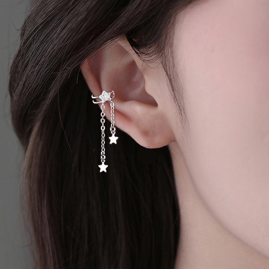 Sparkling Star Tassel Ear Cuff - No Piercing Celestial Silver Ear Wrap