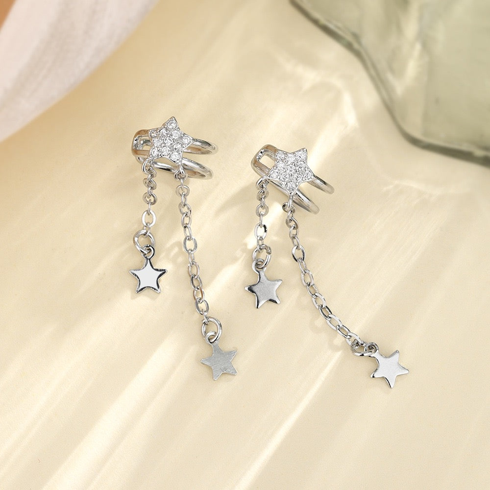 Sparkling Star Tassel Ear Cuff - No Piercing Celestial Silver Ear Wrap