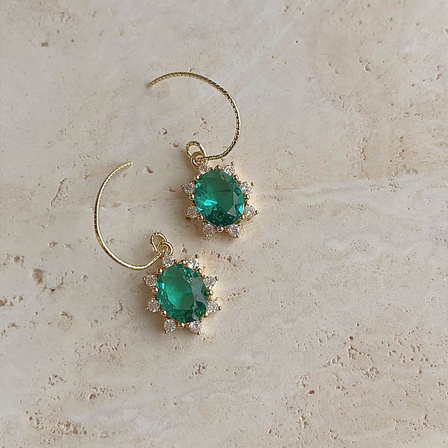 Aqua Blue Gemstone Gold Lace Oval Drop Earrings | Lake Green Crystal Jewelry Gifts