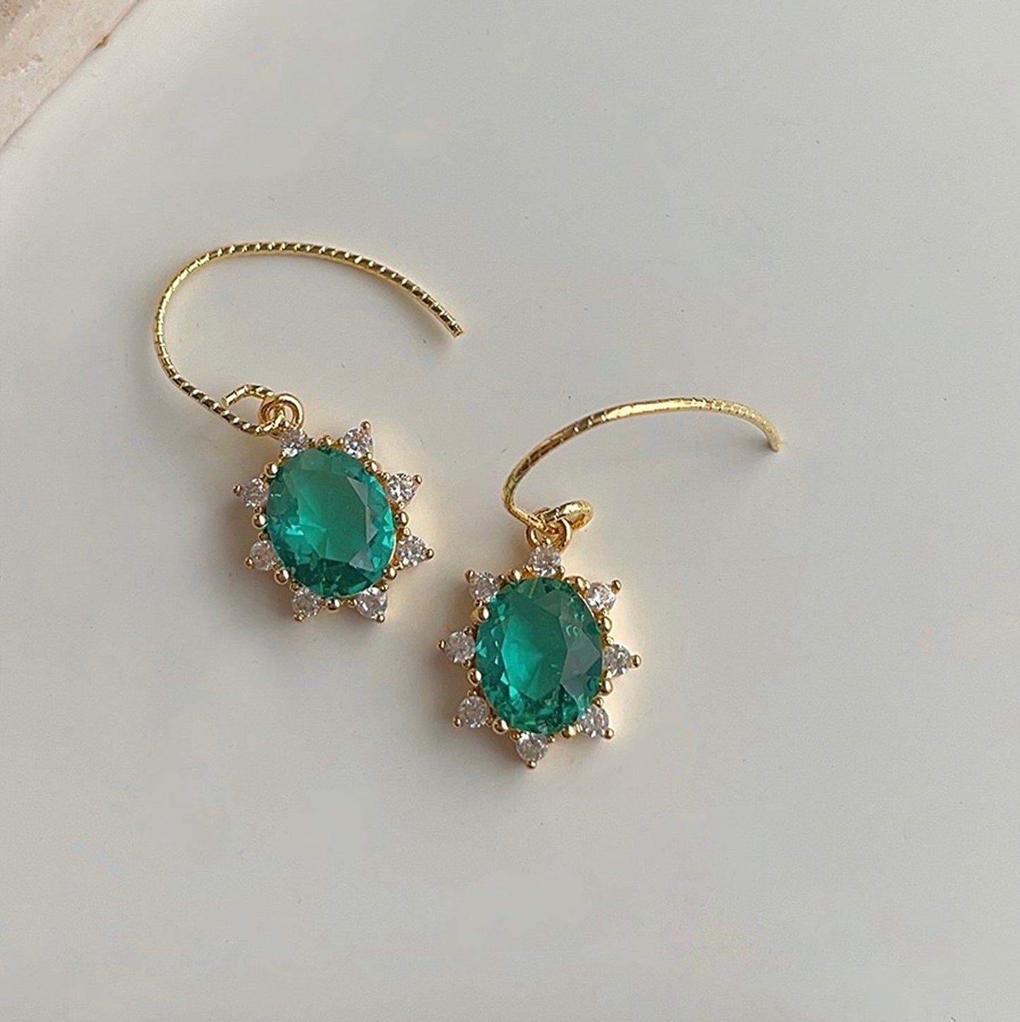 Aqua Blue Gemstone Gold Lace Oval Drop Earrings | Lake Green Crystal Jewelry Gifts