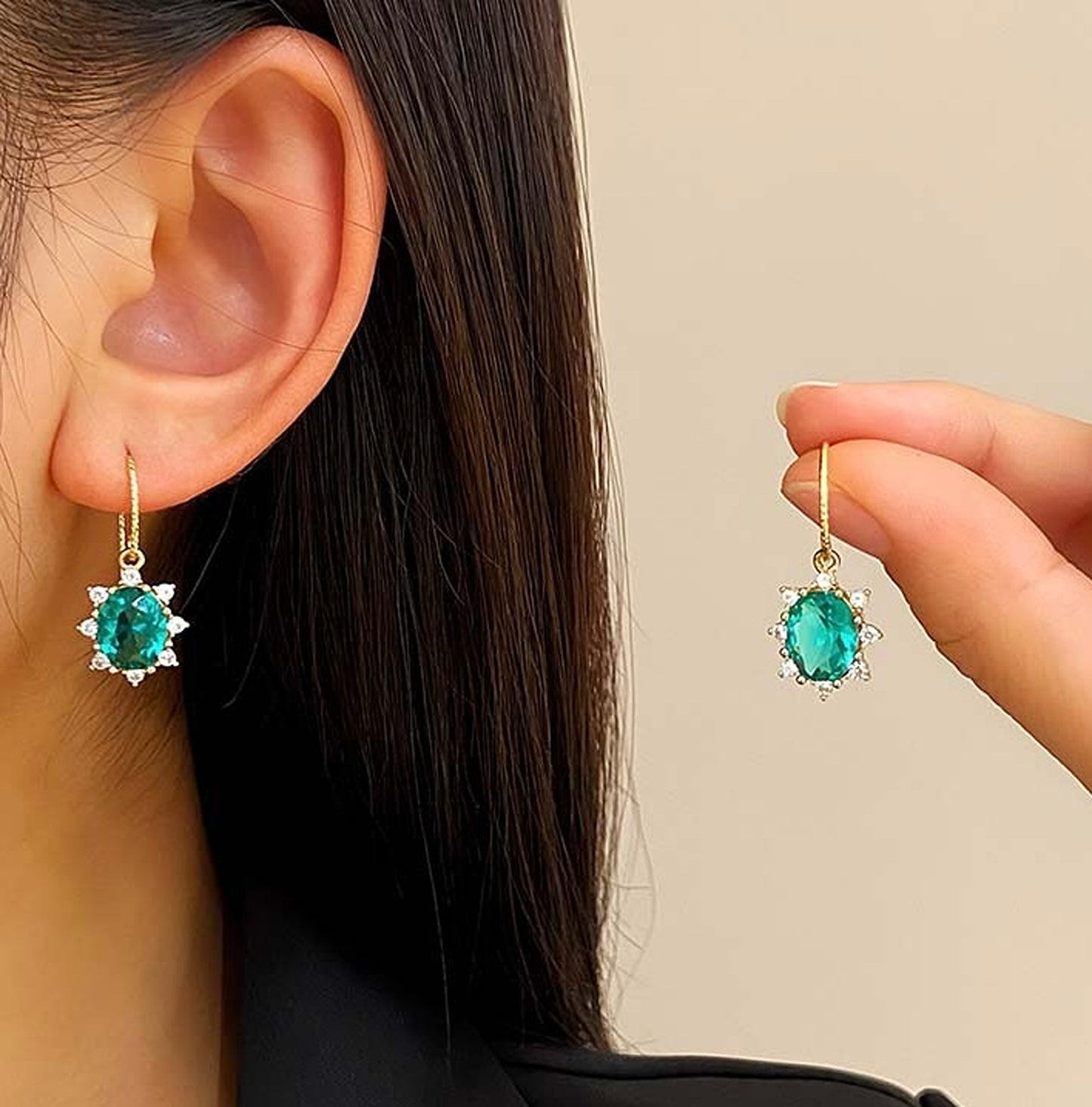 Aqua Blue Gemstone Gold Lace Oval Drop Earrings | Lake Green Crystal Jewelry Gifts