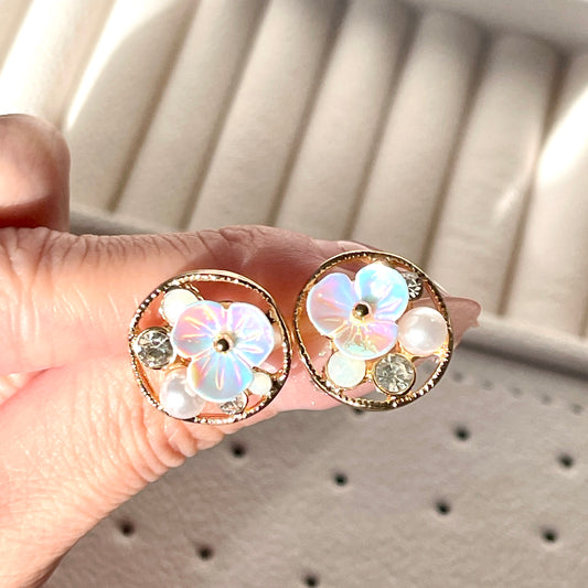 Handmade Flower Cluster Gold Hoop Earrings | Cherry Blossom Sakura Floral Studs