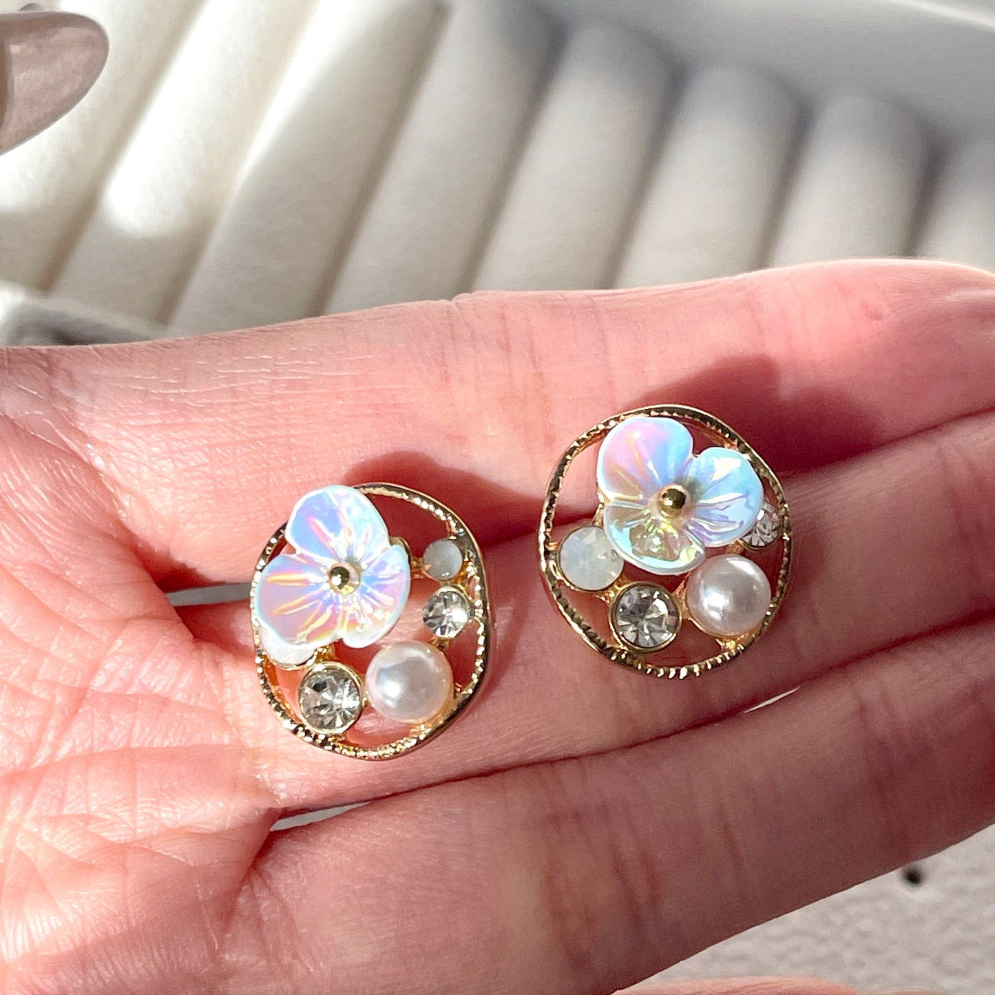 Handmade Flower Cluster Gold Hoop Earrings | Cherry Blossom Sakura Floral Studs
