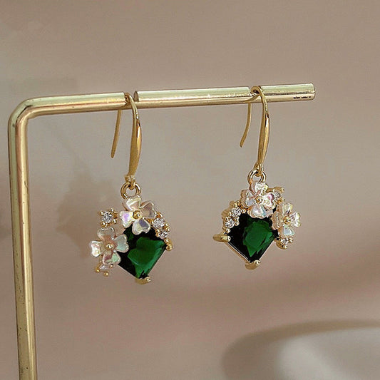 Floral Emerald Green Dangle Earrings - Handmade Elegant Green Stone Gold Earrings