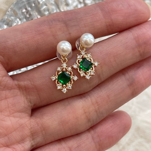 Natural Pearl Emerald Green Earrings, Gold Emerald Earrings, Emerald Dangle Drop Earrings, Green Wedding Earrings, Handmade Delicate Gift