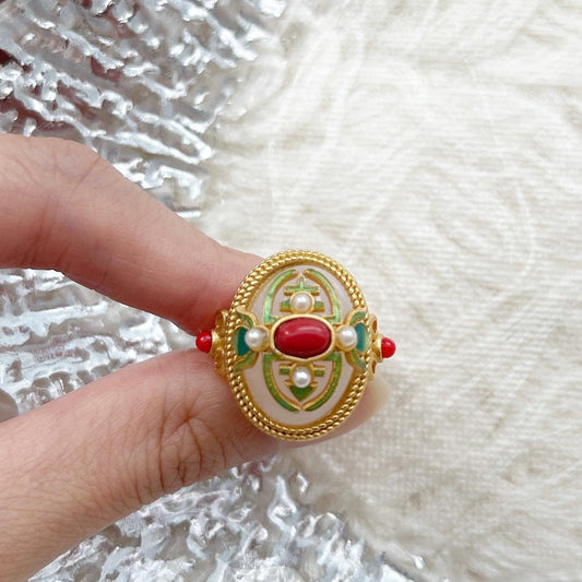 Chunky Jade Gold Statement Ring | Large Gemstone Oval Ring | Adjustable Vintage Multicolor Cocktail Ring