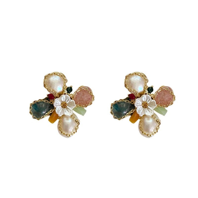 Rainbow Gemstone Earrings, Floral Pearl Earrings, Flower Wreath Earrings, Chunky Large Earrings, Multi stone Statement earrings, Cute Gift