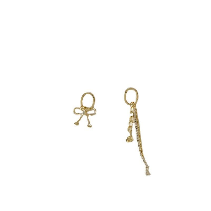 Mismatched Ribbon Earrings, Asymmetric Earrings, Gold Bow Threader, Gold Fringed Earrings, Mismatched Drop Chain, Hoop Earrings, Streetwear