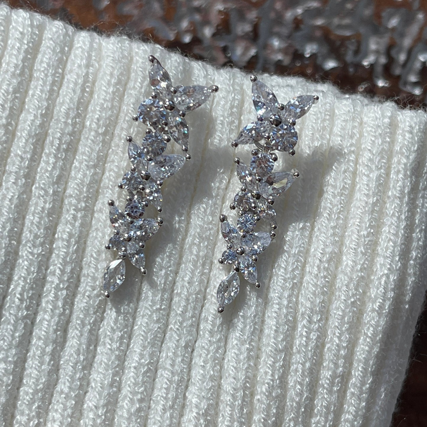 Floral bridal earrings, romantic earrings, celestial silver earrings, diamond cz earrings, crystal bridal bridesmaid earrings, chandelier