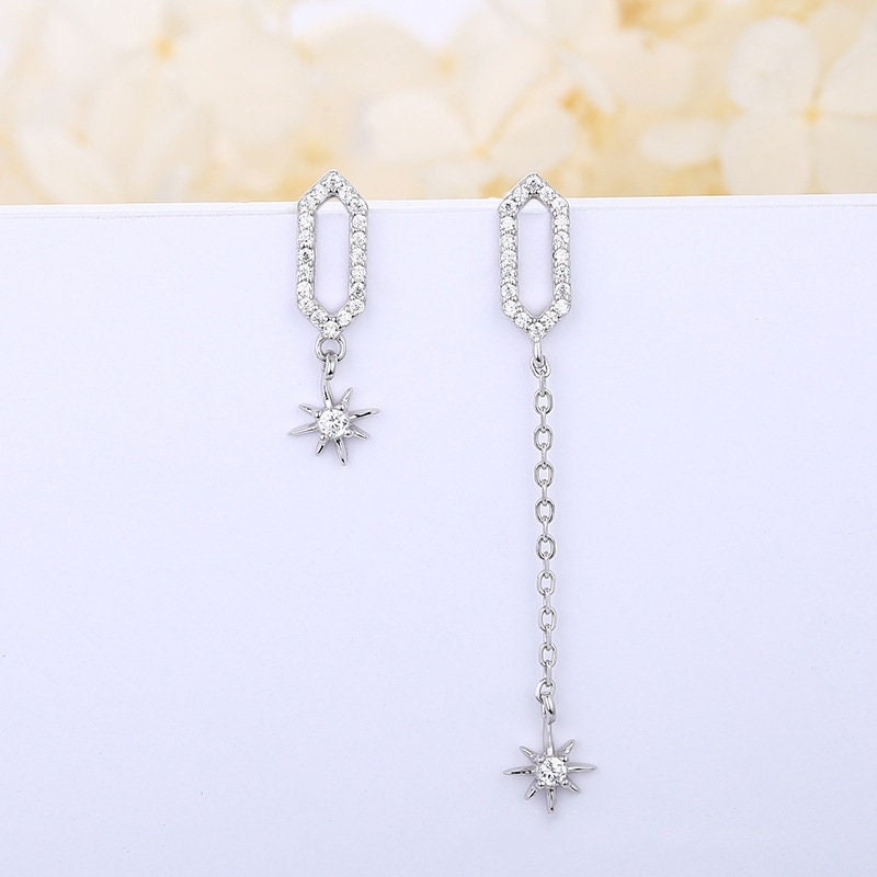 Mismatched Star Dangle Earrings, Asymmetric Starburst Earrings, Wedding bridesmaid Long Earrings, Sterling Silver Geometric Diamond Earrings