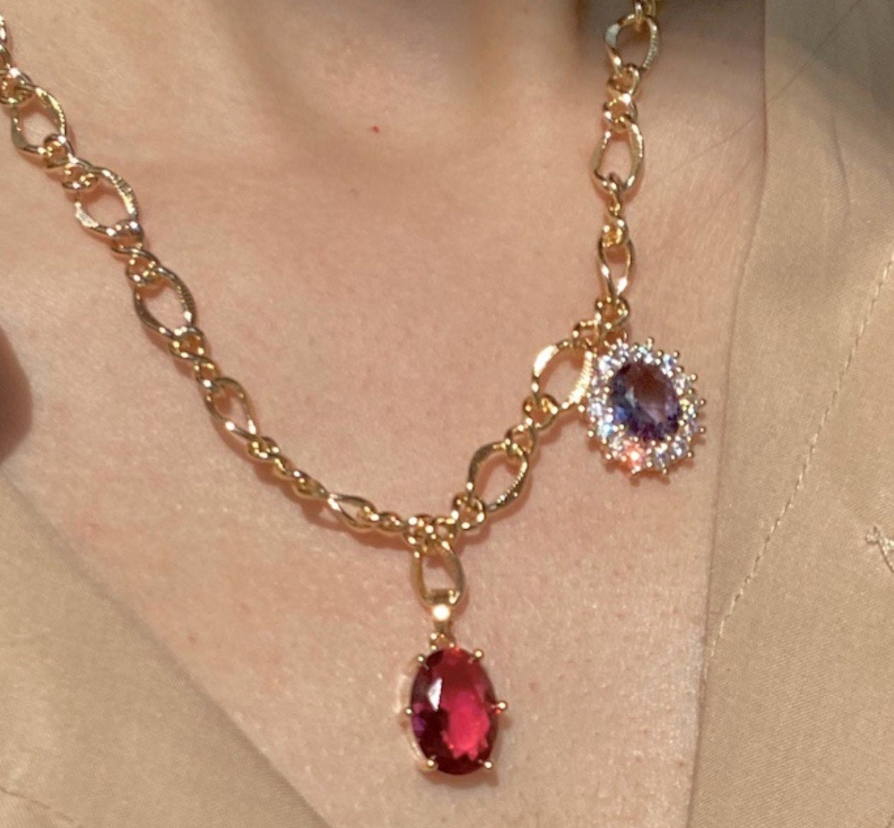 14K Gold Ruby Amethyst Pendant, Multicolored Gemstone Choker, Victorian Red Purple Necklace, Vintage Necklace, Lace Necklace, Birthday Gift