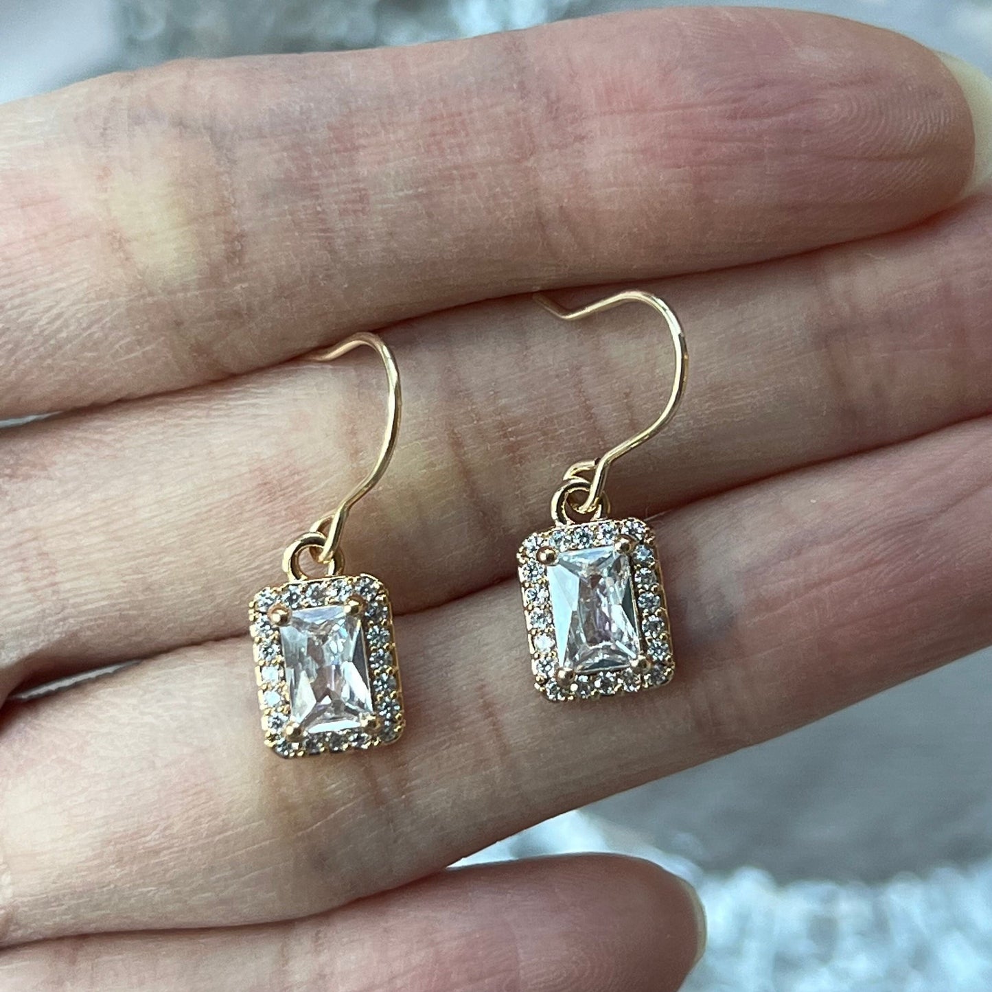 14k Gold-filled drop earrings, crystal dangle earrings, dainty gold lace earrings, classic teardrop rectangle cz earrings, minimalist gift