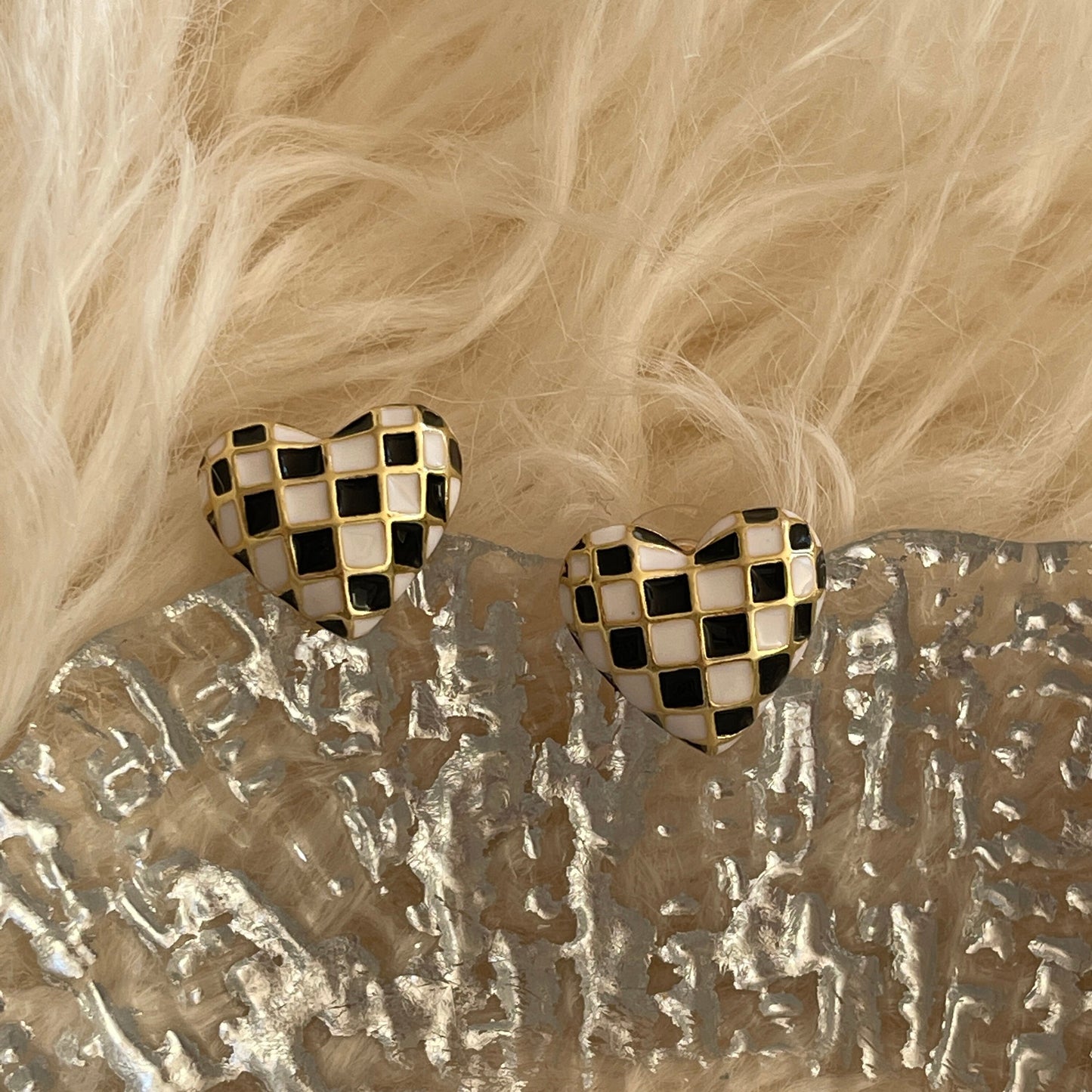 Heart Earrings, Black White Checkers Studs, Large Chunky Earrings, y2k Trendy Earrings, Statement earrings, Gold Plated Earrings, Cute Gift