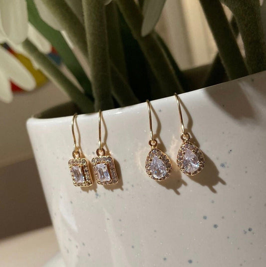 14k Gold-filled drop earrings, crystal dangle earrings, dainty gold lace earrings, classic teardrop rectangle cz earrings, minimalist gift