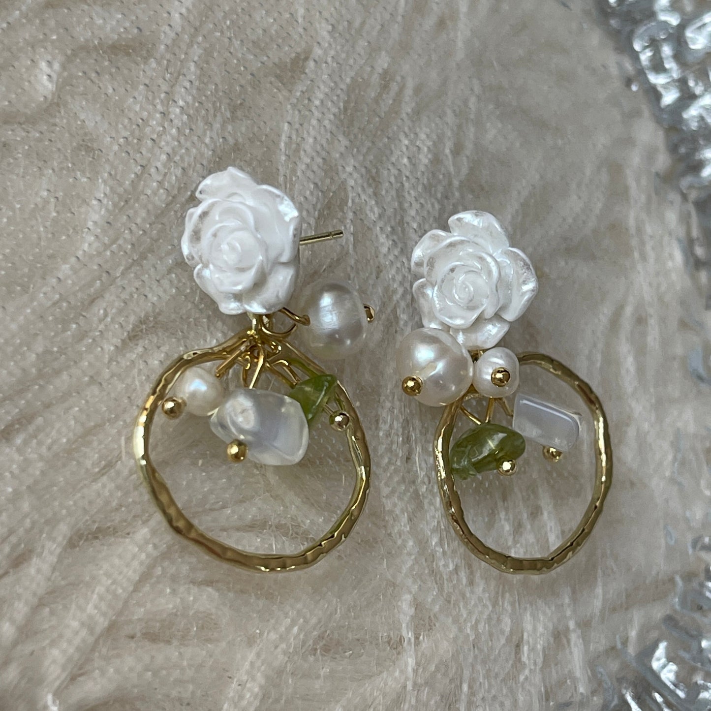 Cupid earrings, Rose flower earrings, Gold hoop dangle, White rose pearl earrings, Dainty flower statement earrings, Delicate handmade gift