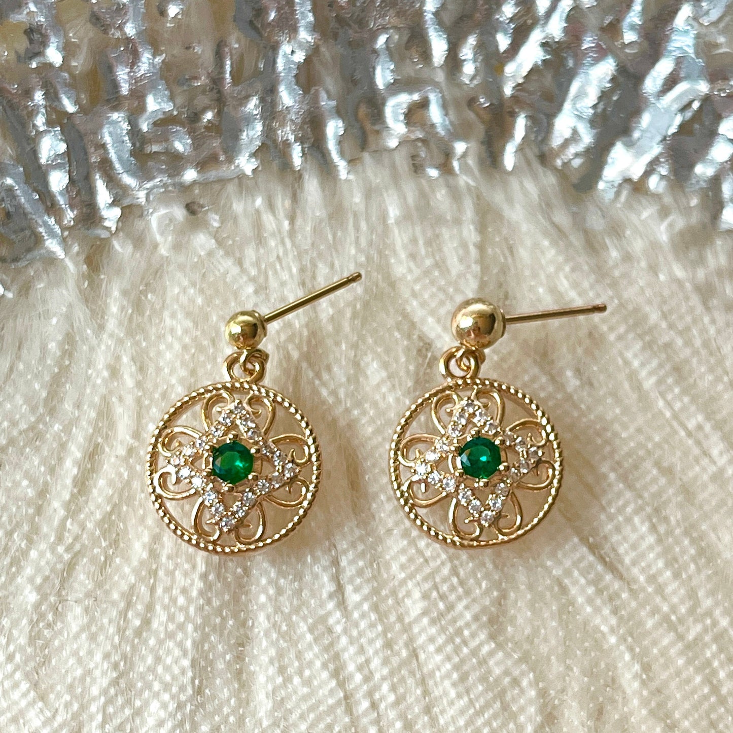 Emerald Green Earrings, 14K Gold Lace Earrings, Vintage Style Dangle, Infinity Earrings, Round Hoop Earrings, Delicate Wedding Birthday Gift