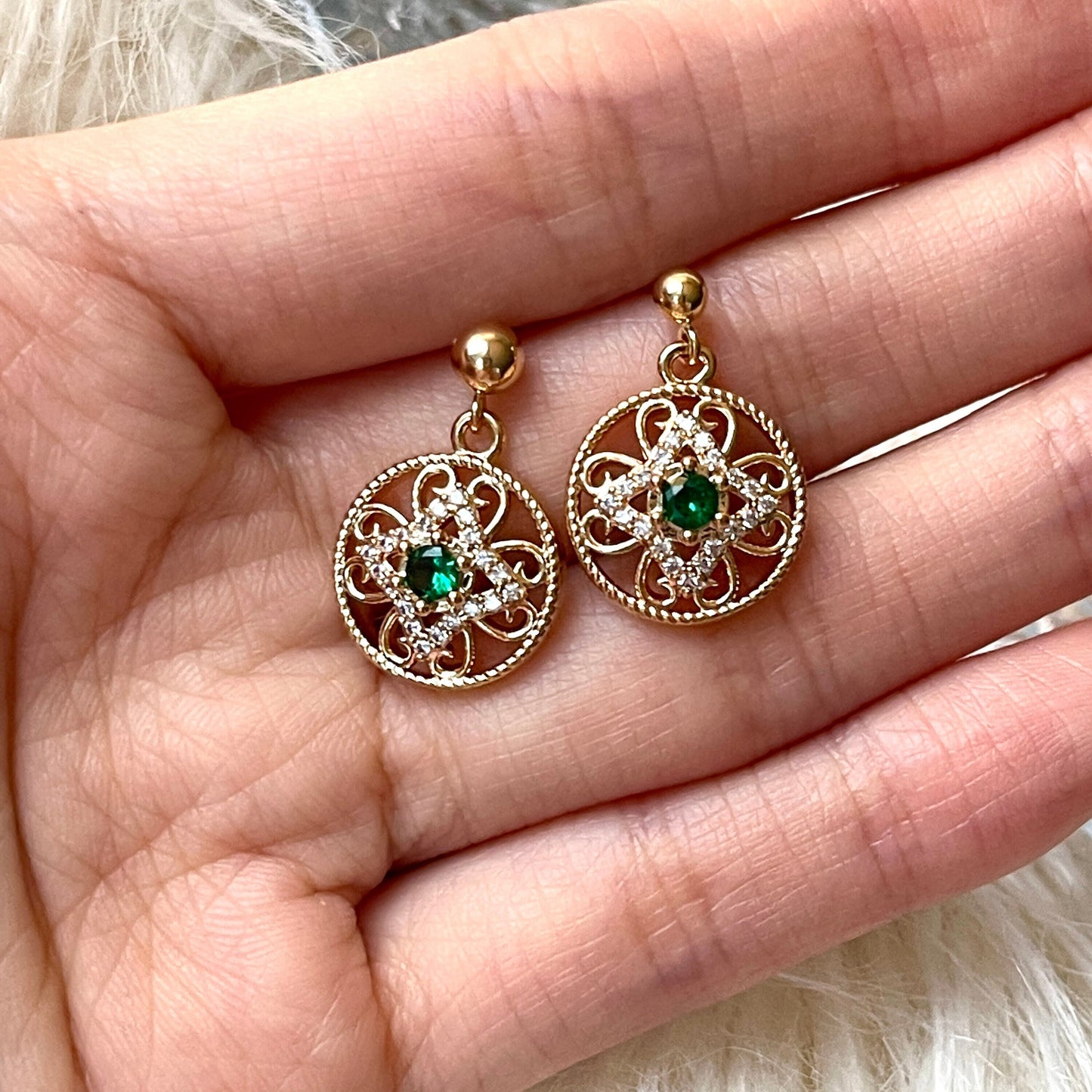 Emerald Green Earrings, 14K Gold Lace Earrings, Vintage Style Dangle, Infinity Earrings, Round Hoop Earrings, Delicate Wedding Birthday Gift