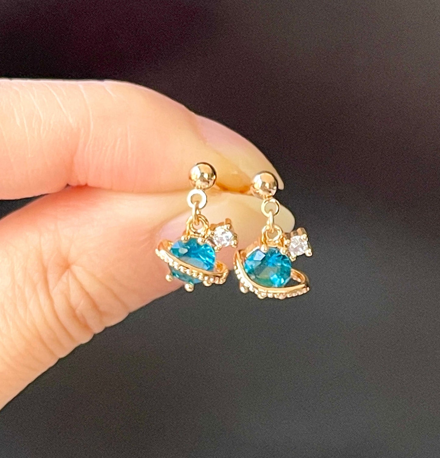 Blue Saphhire Earrings, Saturn Earrings, 14K Gold filled Lace Stud, Planet Jewelry, 3D Earrings, Celestial Galaxy Earrings, y2k Cute Gift