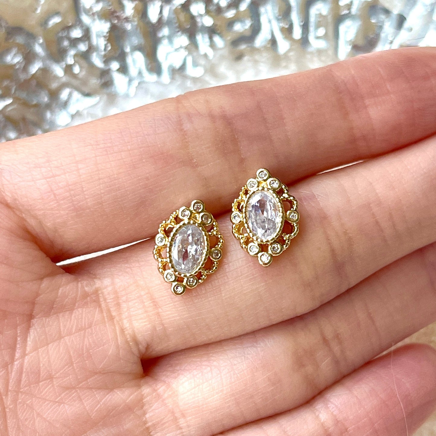 Oval Diamond Stud Earrings, Gold Lace CZ Earrings, Vintage Dainty Earrings, Crown Earrings, Luxury Minimalist Earrings, April Birthstone