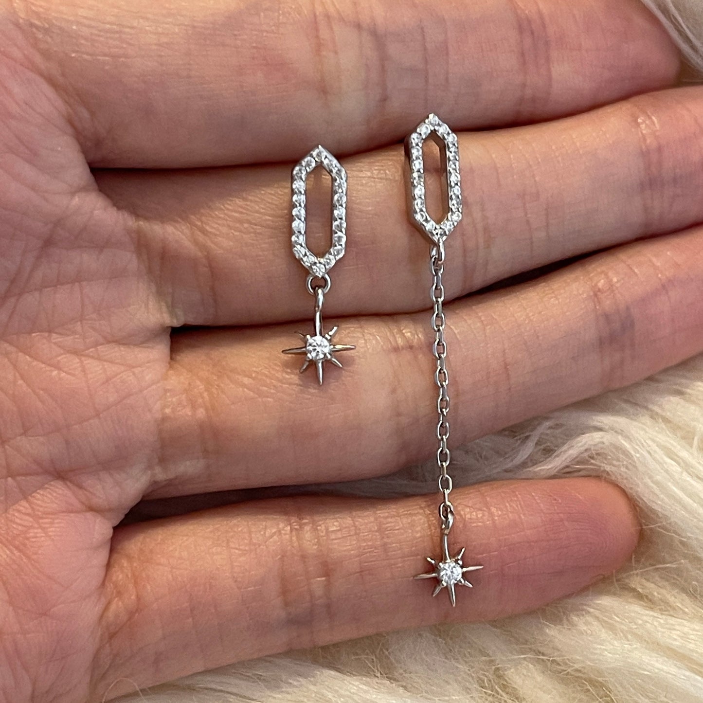 Mismatched Star Dangle Earrings, Asymmetric Starburst Earrings, Wedding bridesmaid Long Earrings, Sterling Silver Geometric Diamond Earrings