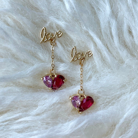 Love Letter Pink Heart Dangle Drop Earrings | Handmade 2 Tone Pink Crystal Gemstone Earrings