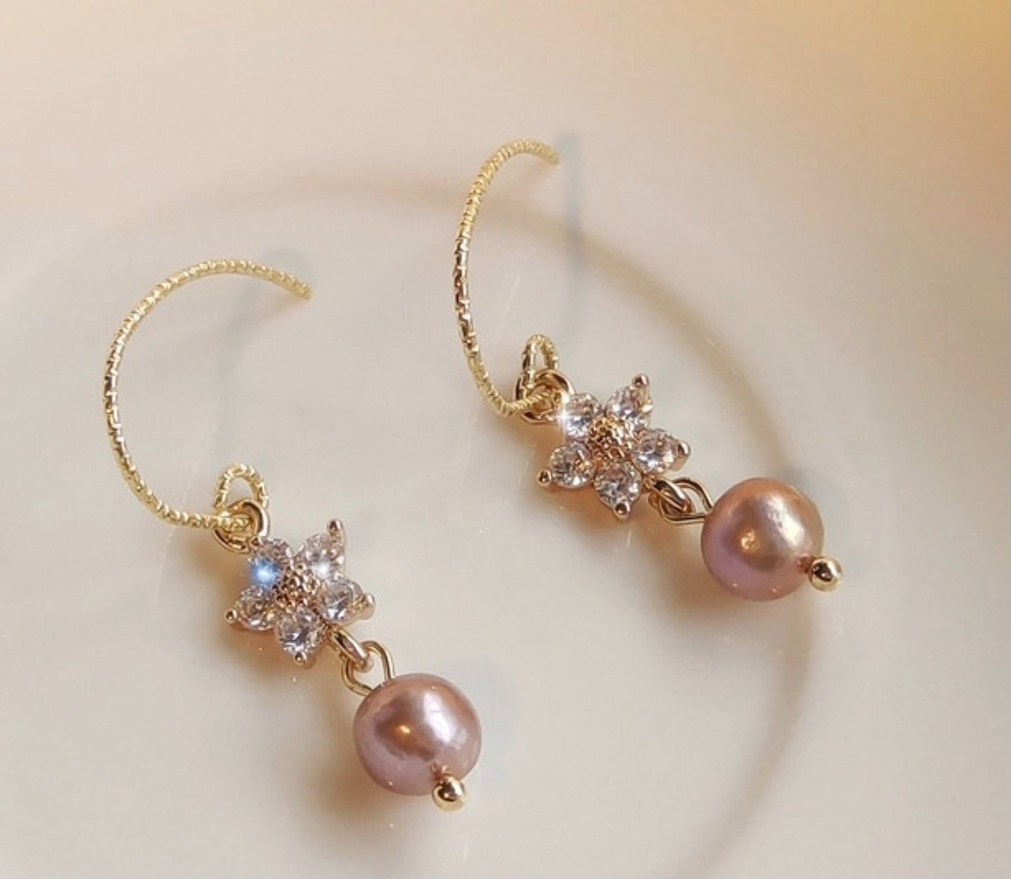 Natural pink pearl earrings, 14K gold dangle drop earrings, Real pink pearl earrings, Pink cz flower earrings, Bridesmaid wedding earrings