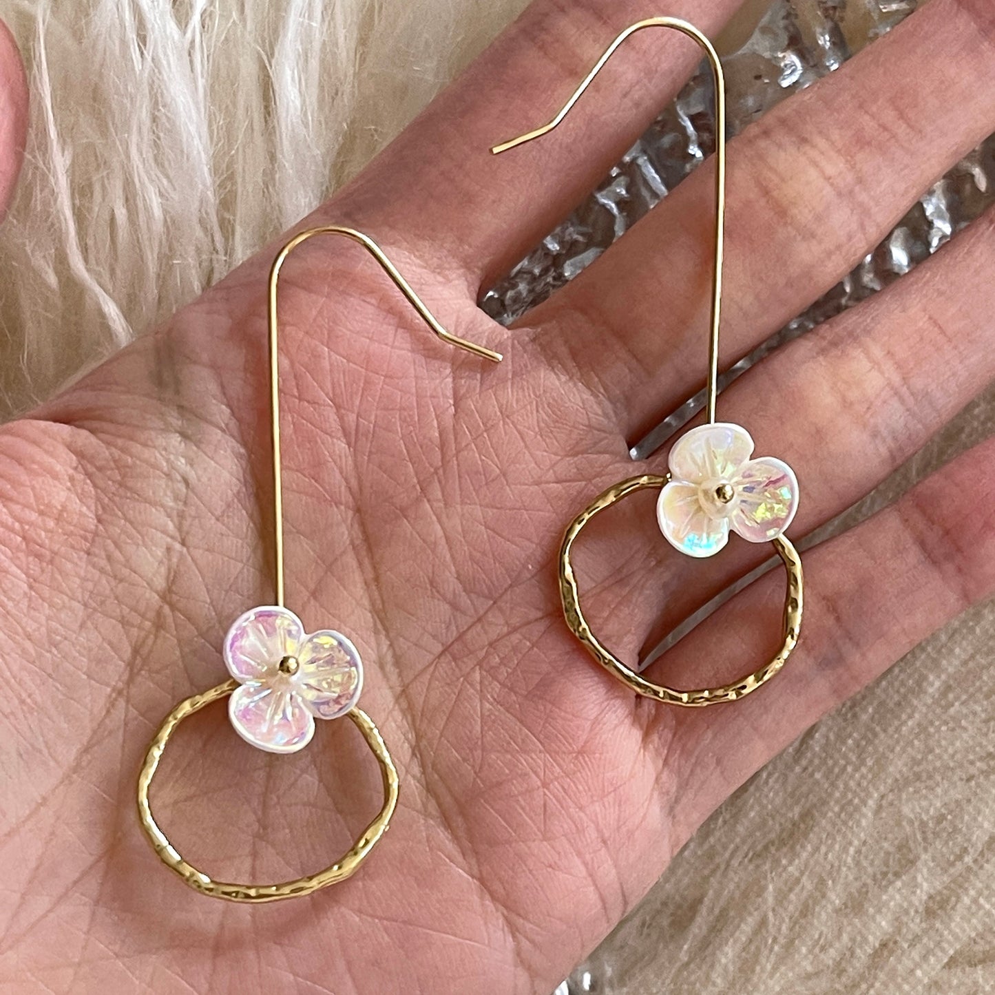 Gold hoop dangle earrings, color changing flower earrings, loop ring drop earrings, unique statement dangle, geometric earrings, y2k quirky