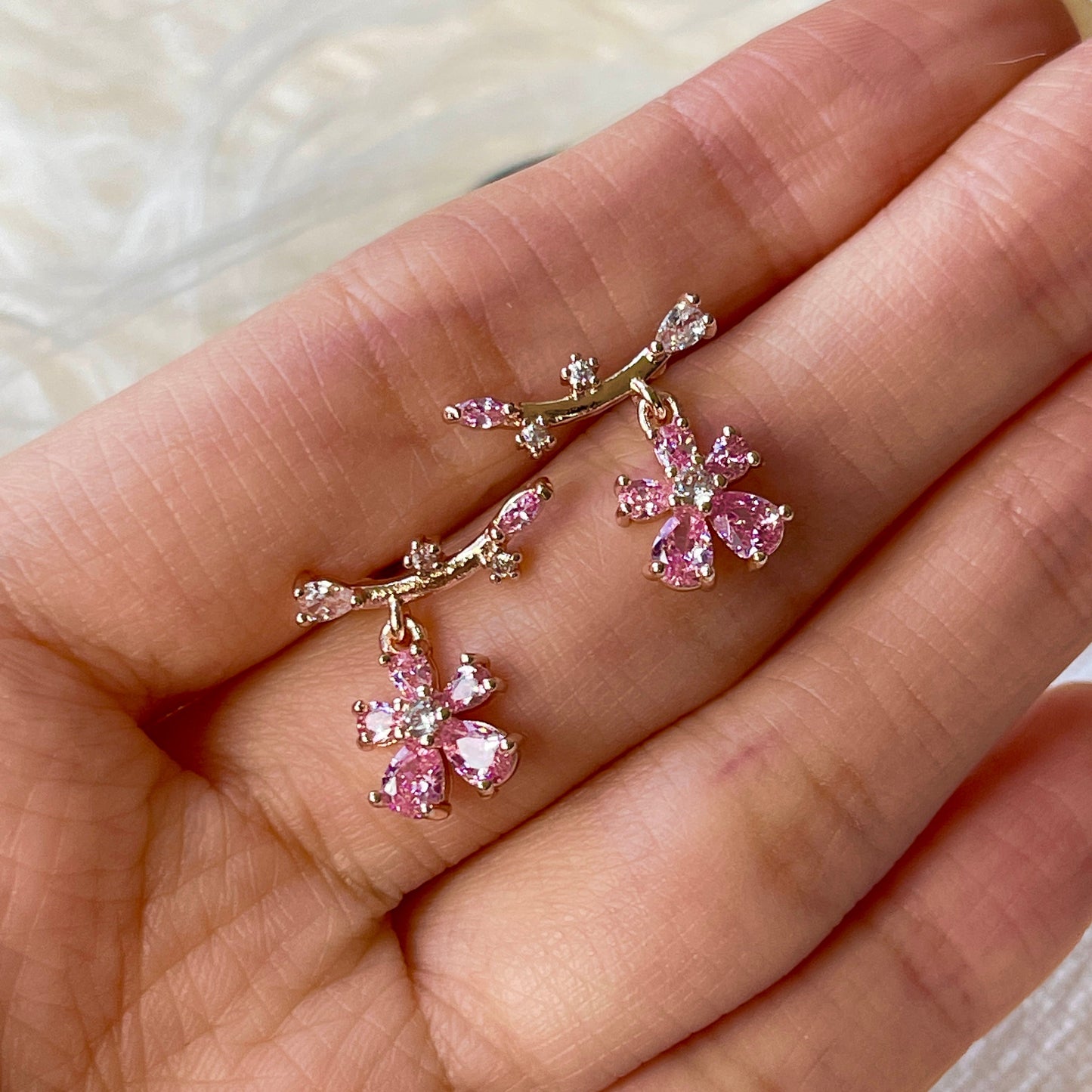 Pink flower earrings, Cherry blossom earrings, Japanese sakura earrings, Dainty ear climber, Star celestial ear jacket, Pastel pink earrings