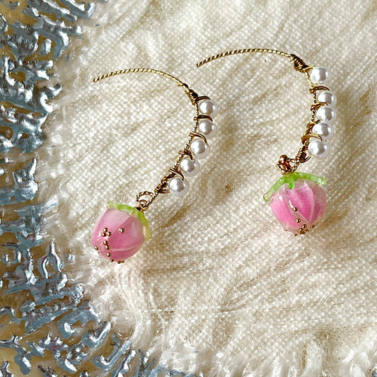 Pink Strawberry Dangle Earrings, Y2K Pearl Bead Earrings, Fruit Earrings, Cute Quirky Earrings, Miniature Foodie Earrings, Handmade Gift