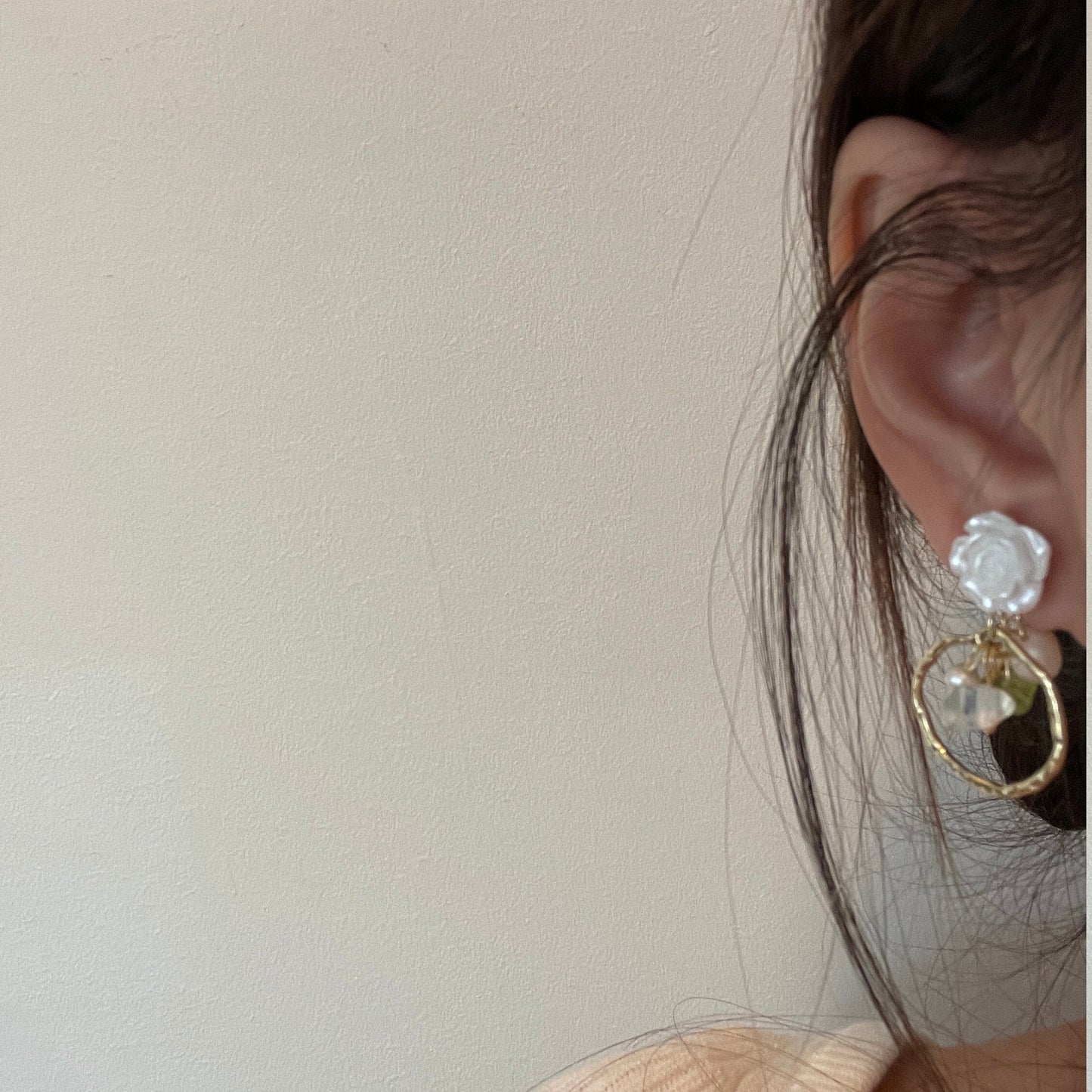 Cupid earrings, Rose flower earrings, Gold hoop dangle, White rose pearl earrings, Dainty flower statement earrings, Delicate handmade gift