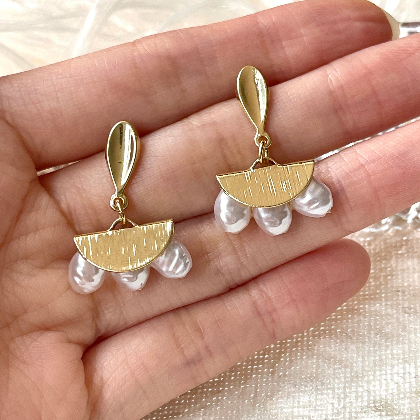 Fan dangle earrings, Gold pearl earrings, Sector drop earrings, Triangle boho earrings, Unique pearl earrings, Geometric earrings, Handmade