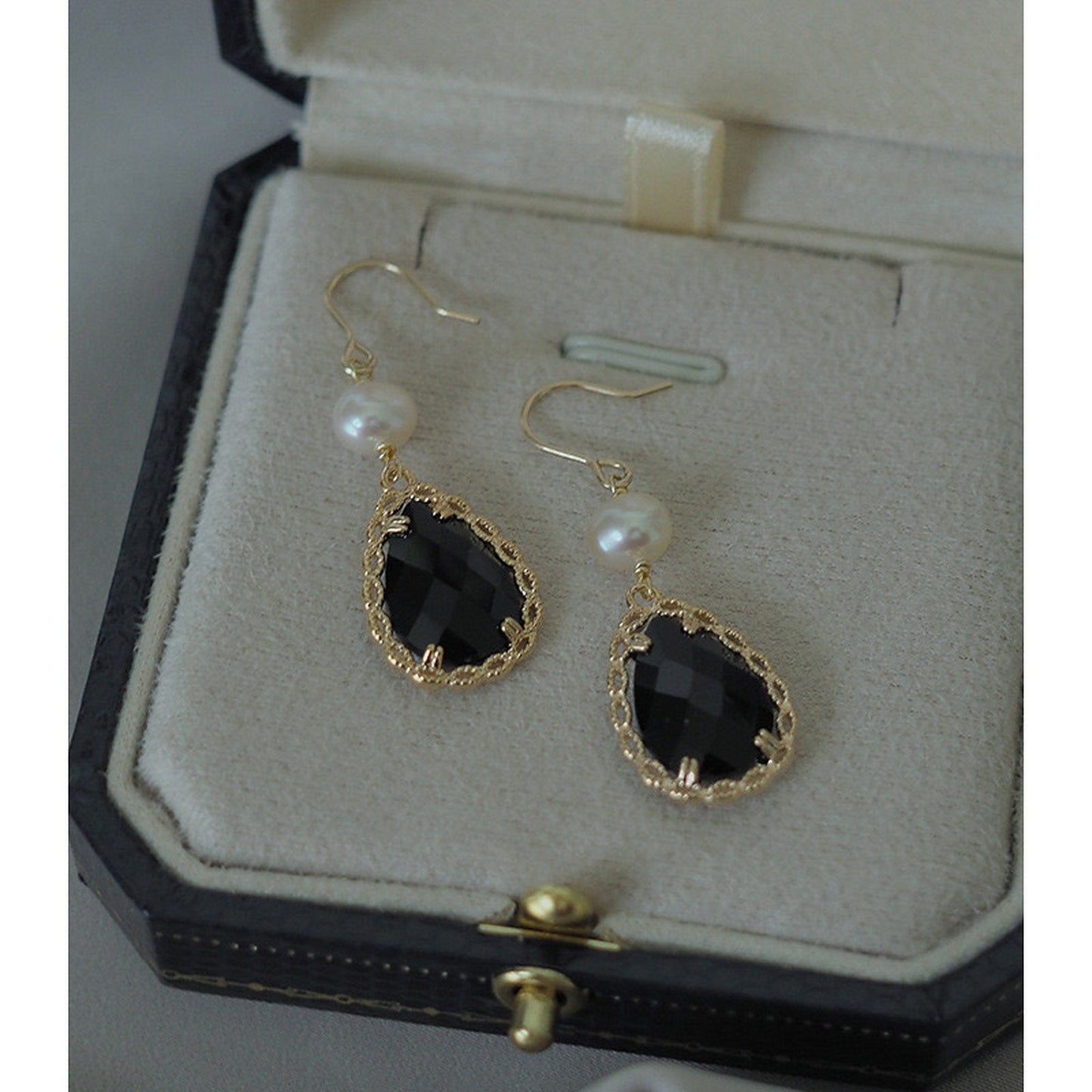 Gothic Black Earrings, Natural Pearl Earrings, 14K Gold Lace Earrings, Vintage Gemstone Earrings, Teardrop Earrings, Handmade Delicate Gift