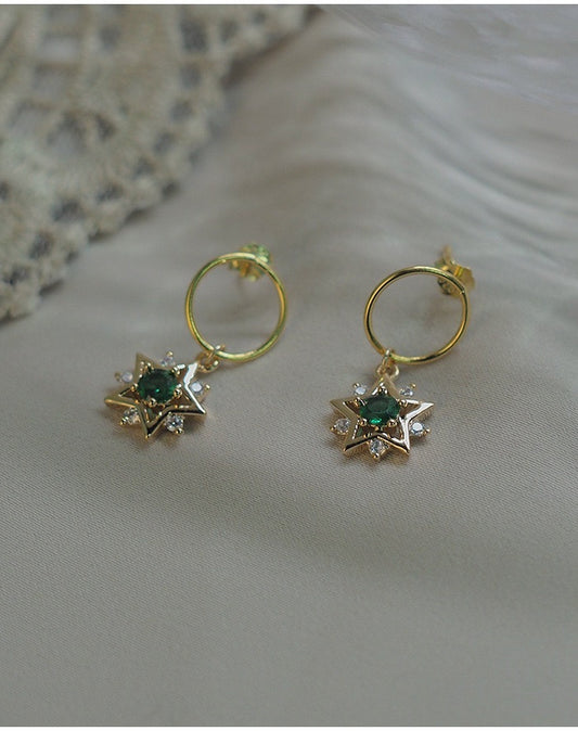 Handmade Emerald Green Golden Star Earrings | North Star Celestial Starburst Hoop Earrings