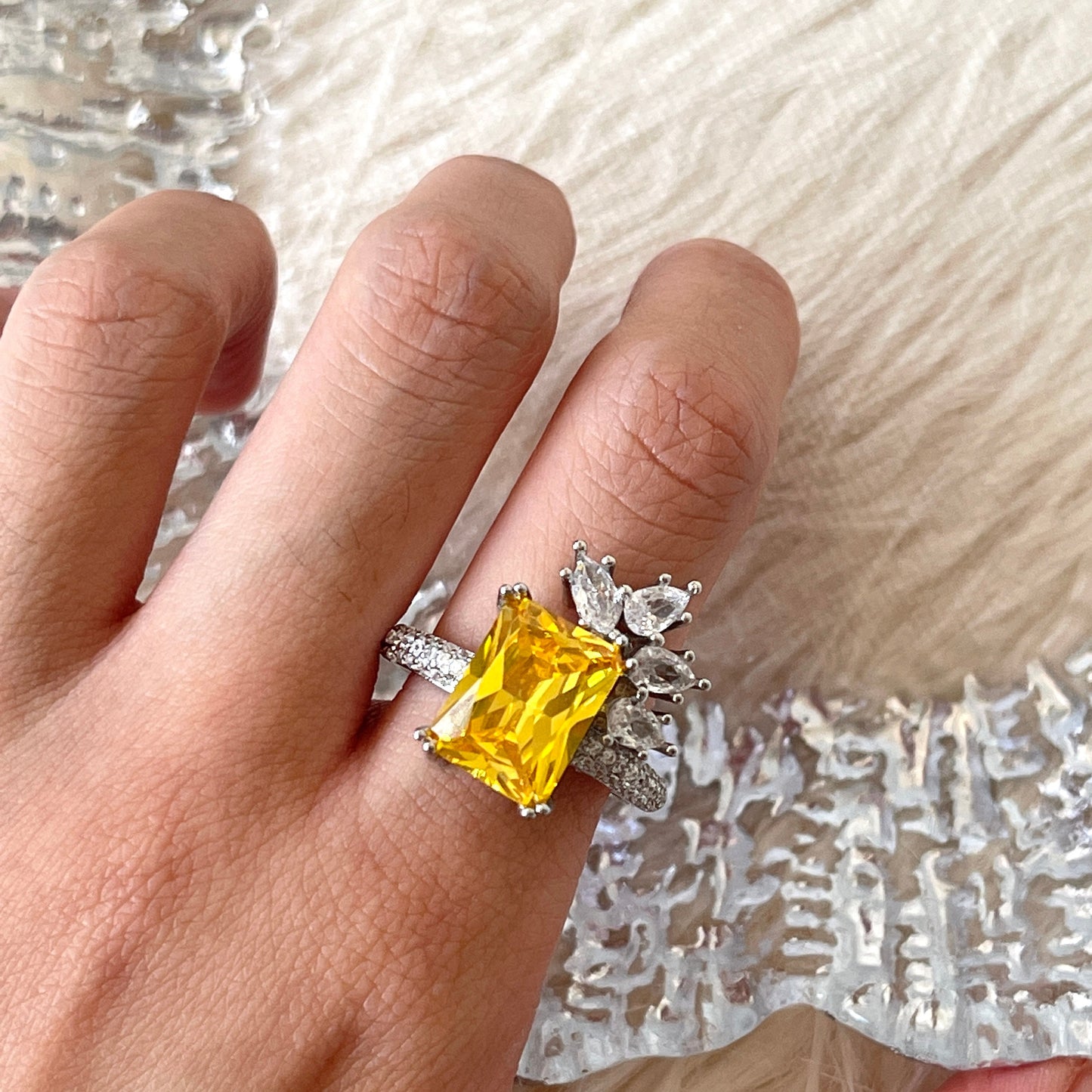 Yellow Diamond Ring, Lab-created Diamond Ring, Celebrity Ring, Vine Leaf Yellow Zircon Ring, Statement Promise Ring, Sterling Silver Ring