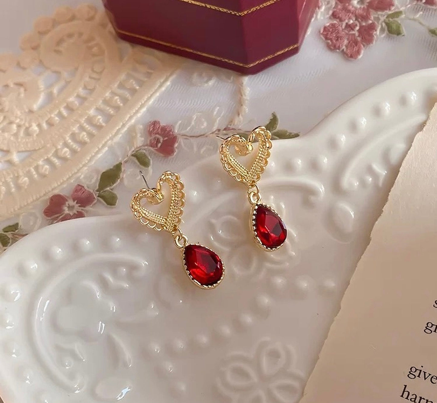 Red Heart Earrings, Romantic Gold Earrings, Red Dangle Earrings, Party Earrings, Gold Lace Earrings, Bridesmaid Anniversary Gift for her