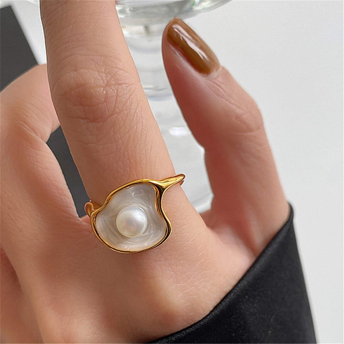 Unique Pearl Rings Mother of Pearl Chunky Gold Open Ring | Unique Freshwater Pearl and Sh ...