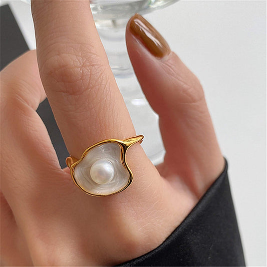 Mother of pearl ring, Freshwater pearl and shell ring, Chunky rings, White signet cocktail statement ring, Open clam ring, Y2K unique ring