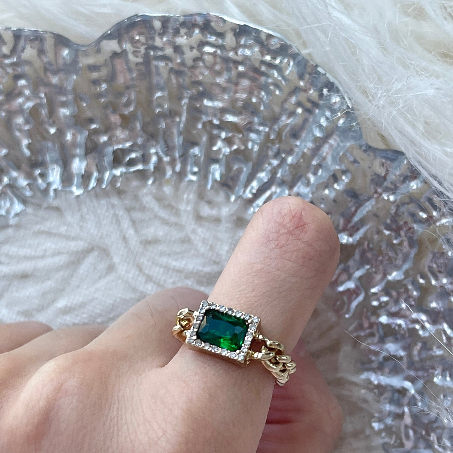 Green Emerald Gold Cuban Chain Ring, Rectangle Green Emerald Ring, Chunky Ring, Nature Energy Ring, Knuckle Finger Ring, Handmade Gift Idea