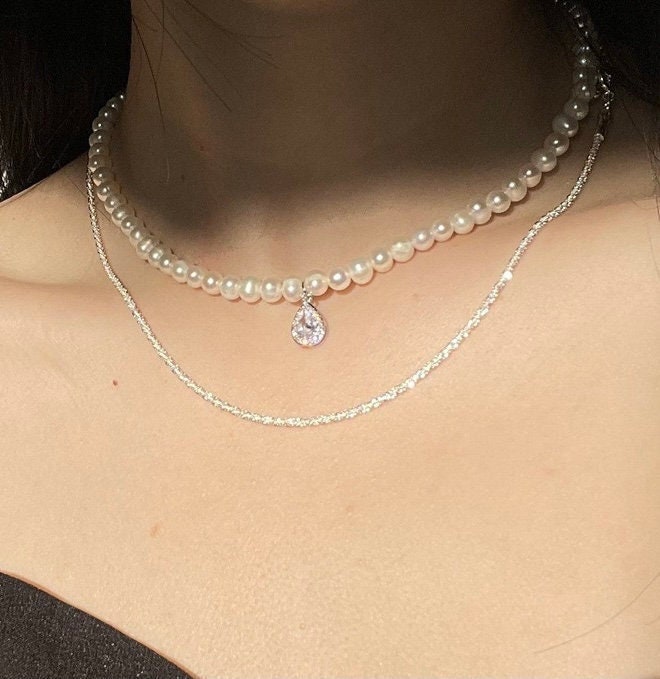 Pearl Choker with Charm, Double Layer Necklace, Freshwater Pearl Necklace, 2 Ways Necklace, Silver chain Teardrop Cz Pendant Pearl Necklace